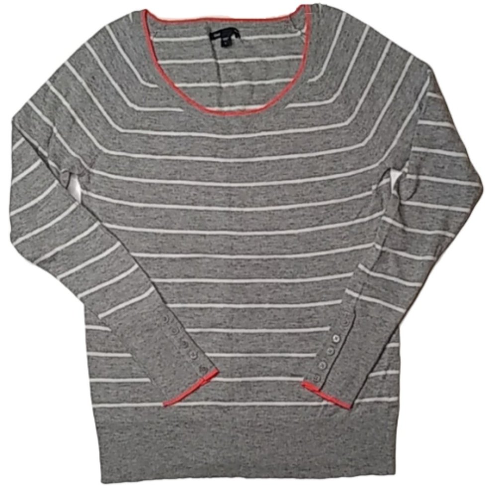 Gap Round Neck Striped Button Sleeve Sweater